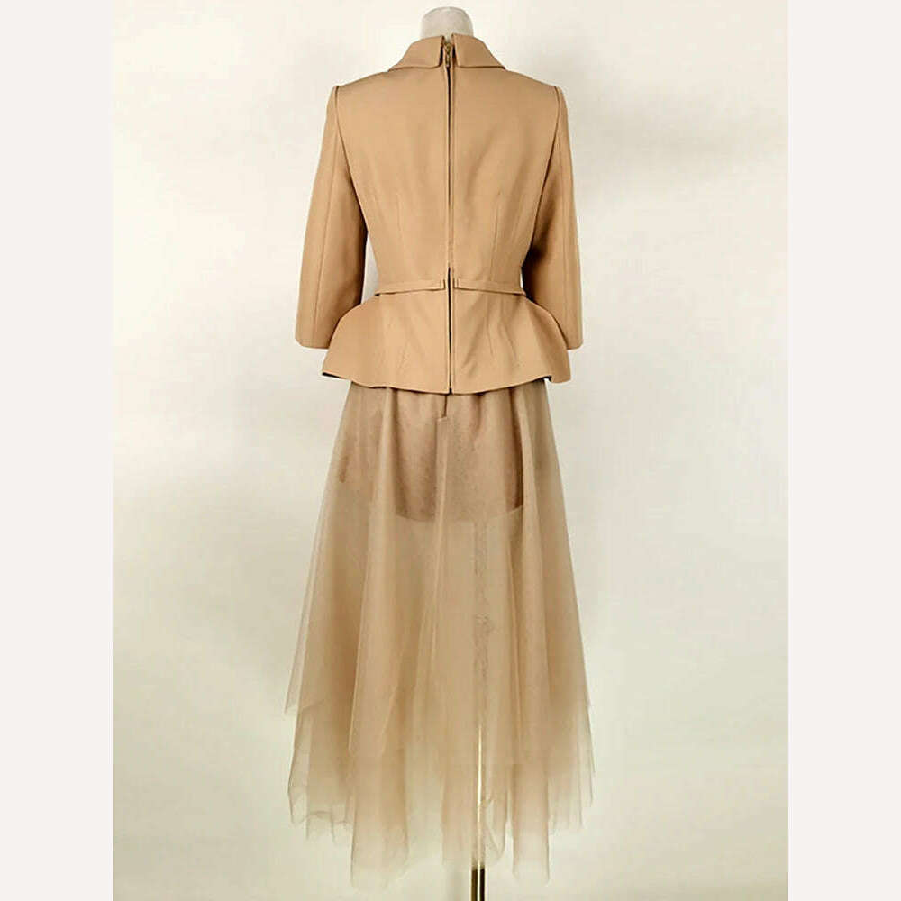 KIMLUD, DEAT Eleganet 2 Pcs Set Notched Collar Long Sleeve Lace-up Waist Coat Zipper Gauze Skirt Suit Women's Spring 2024 New 13DB3032, KIMLUD Womens Clothes