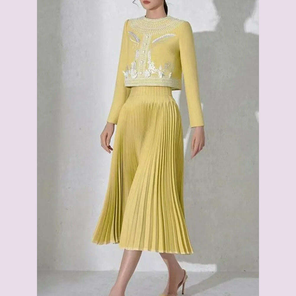 DEAT Elegant 2 Pcs Set Embroidery Button Design O-neck Long Sleeve Short Coat Pleated Skirt Suit Autumn 2024 New Tide 13DB1022 - KIMLUD