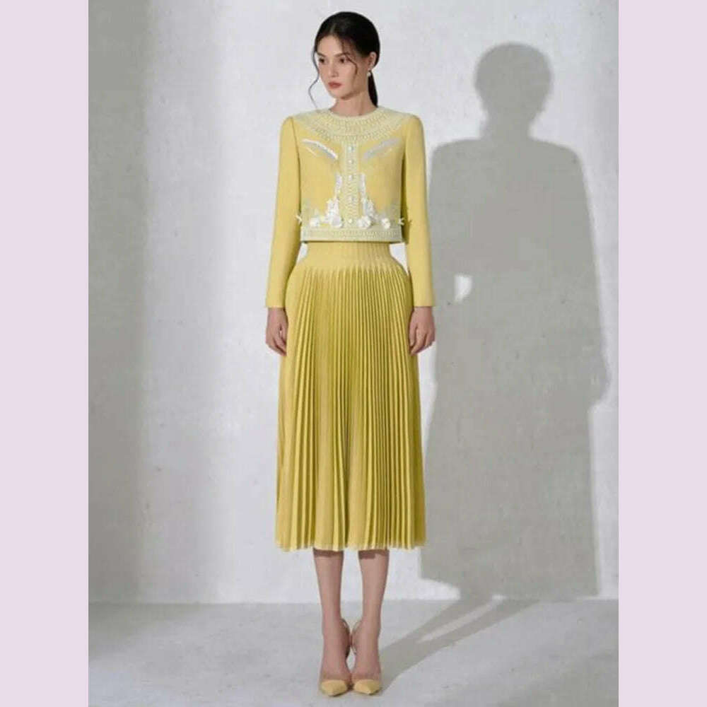 DEAT Elegant 2 Pcs Set Embroidery Button Design O-neck Long Sleeve Short Coat Pleated Skirt Suit Autumn 2024 New Tide 13DB1022 - KIMLUD