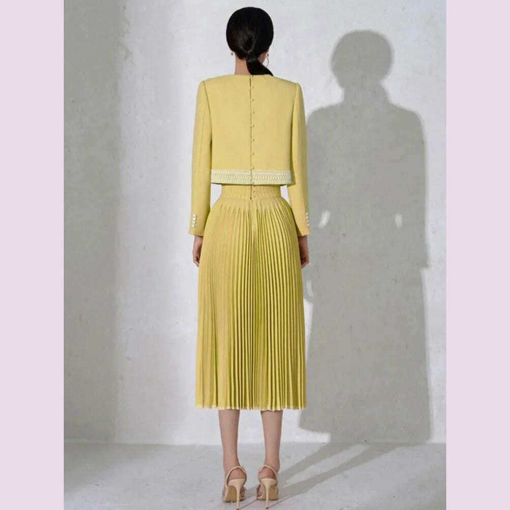 DEAT Elegant 2 Pcs Set Embroidery Button Design O-neck Long Sleeve Short Coat Pleated Skirt Suit Autumn 2024 New Tide 13DB1022 - KIMLUD