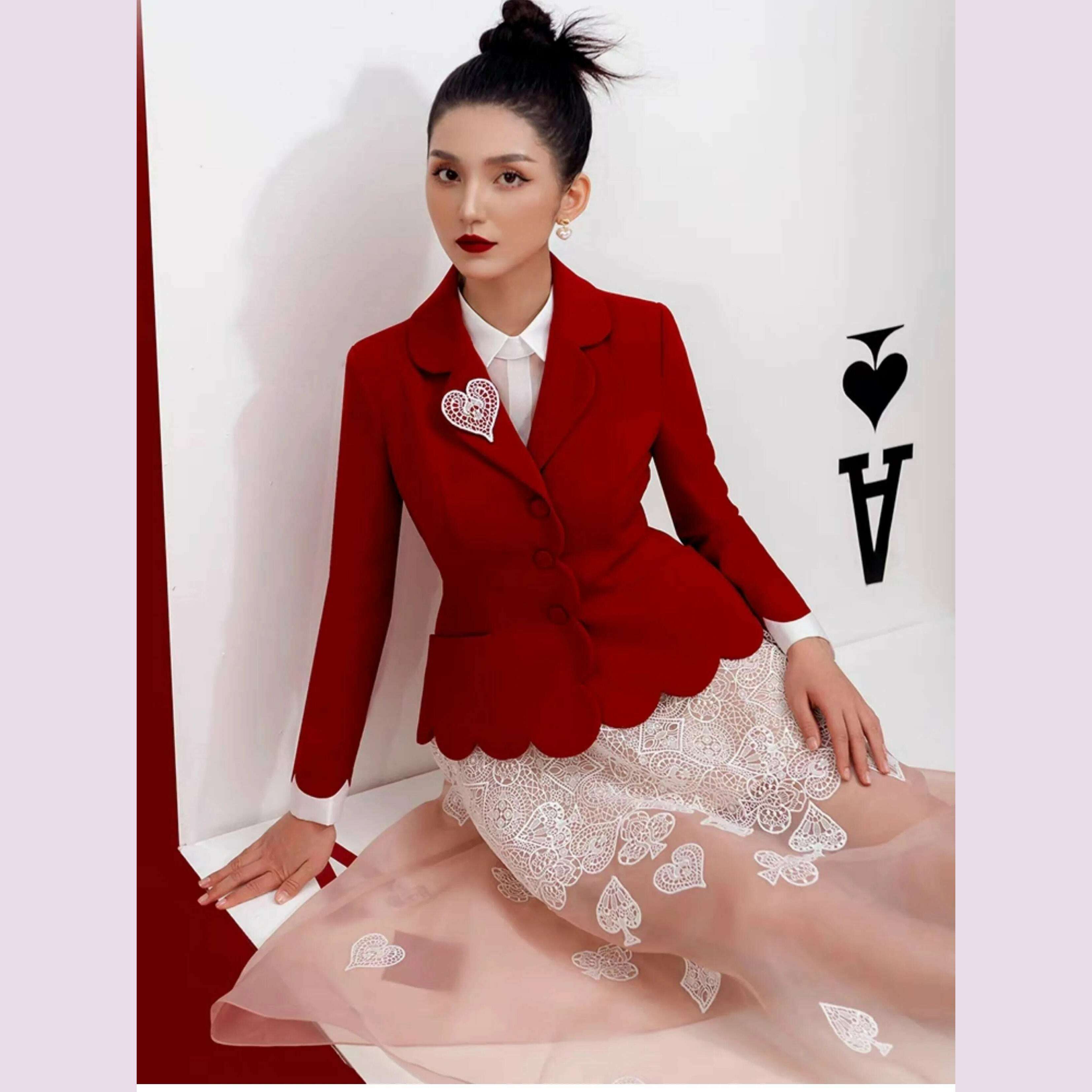 DEAT Elegant 2 Pcs Set Heart Red Notched Collar Wavy Edge Blazer Embroidery Gauze Women's Suits 2024 Autumn New Fashion 13DB3597 - KIMLUD