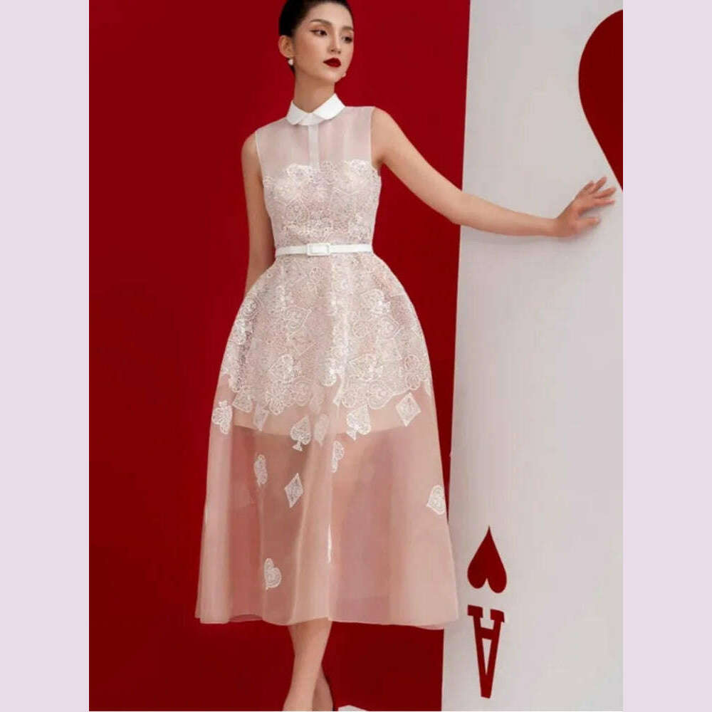 DEAT Elegant 2 Pcs Set Heart Red Notched Collar Wavy Edge Blazer Embroidery Gauze Women's Suits 2024 Autumn New Fashion 13DB3597 - KIMLUD