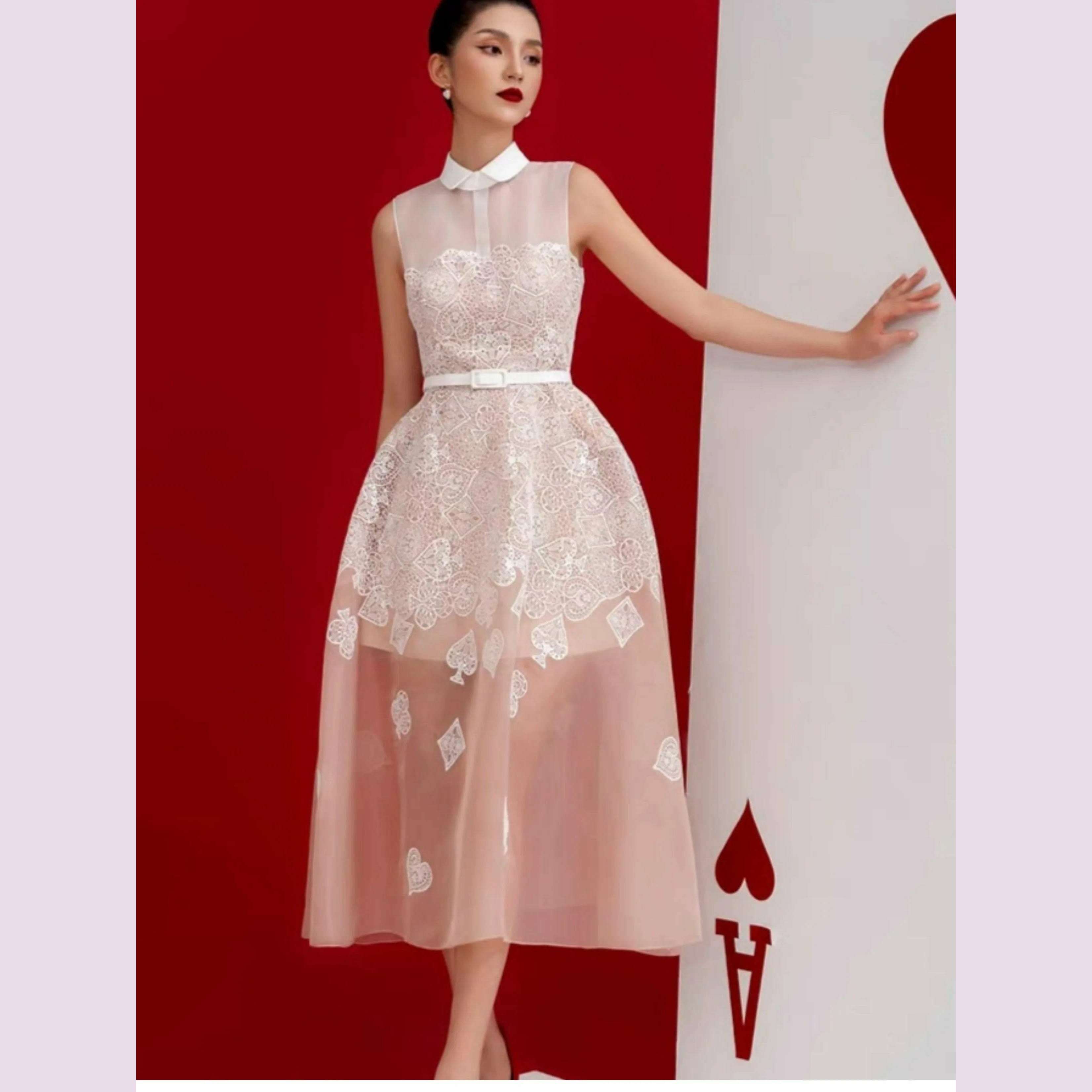 DEAT Elegant 2 Pcs Set Heart Red Notched Collar Wavy Edge Blazer Embroidery Gauze Women's Suits 2024 Autumn New Fashion 13DB3597 - KIMLUD