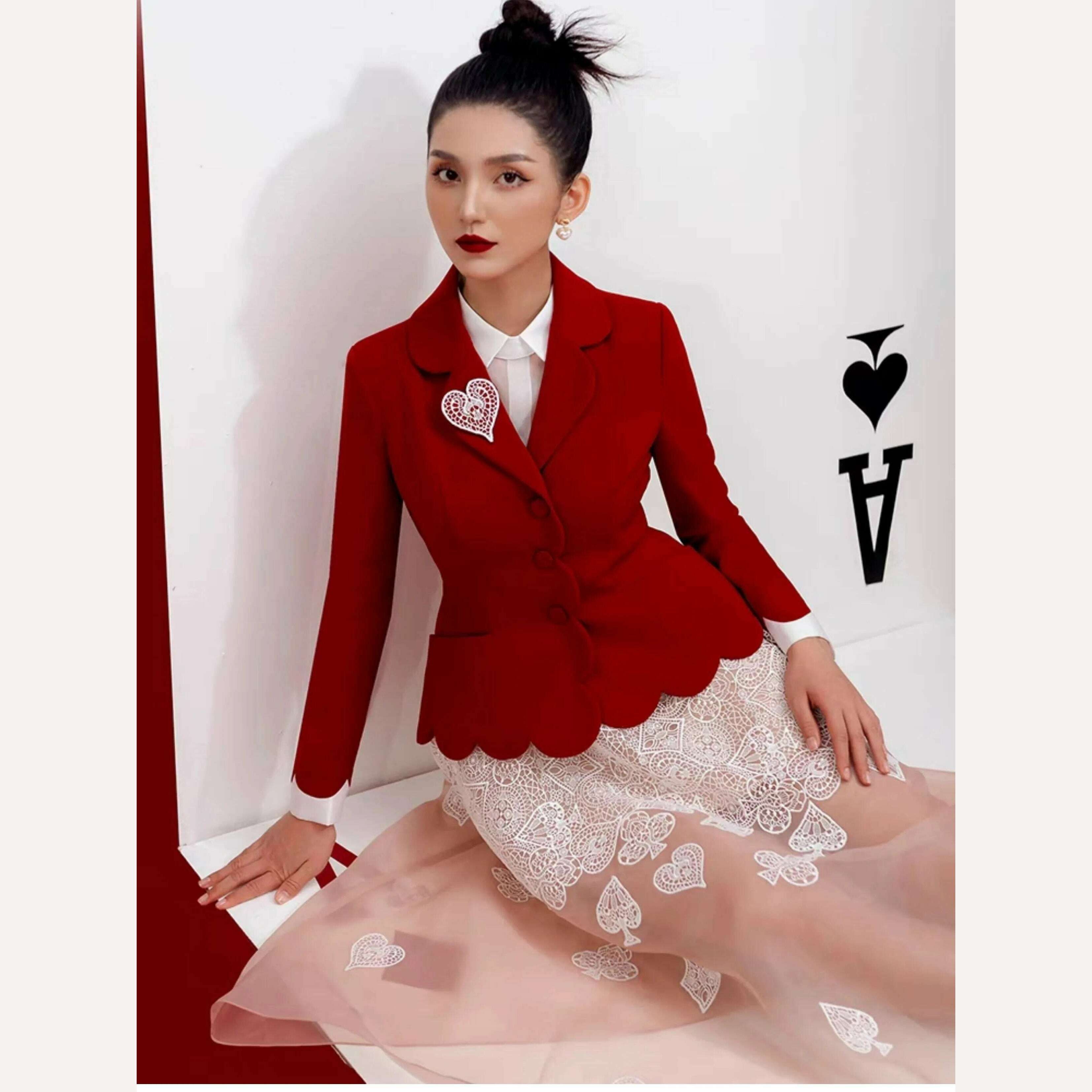 KIMLUD, DEAT Elegant 2 Pcs Set Heart Red Notched Collar Wavy Edge Blazer Embroidery Gauze Women's Suits 2024 Spring New Fashion 13DB3597, Red Coat / XL, KIMLUD APPAREL - Womens Clothes