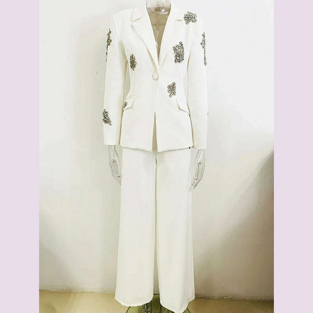 DEAT Elegant 2 Pcs Set Notched Diamond Embroidered Flares Blazer Straight Pant Women's Office Lady Suit 2024 Autumn New 35Z826 - KIMLUD
