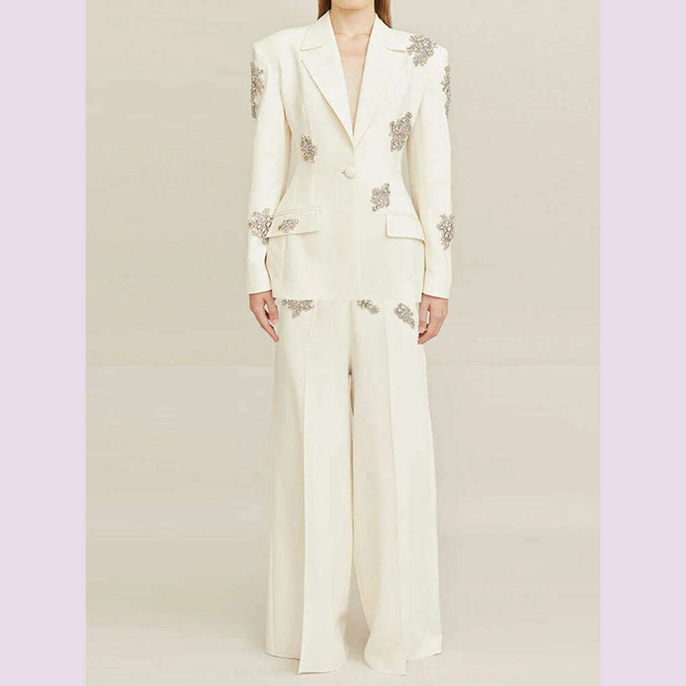 DEAT Elegant 2 Pcs Set Notched Diamond Embroidered Flares Blazer Straight Pant Women's Office Lady Suit 2024 Autumn New 35Z826 - KIMLUD