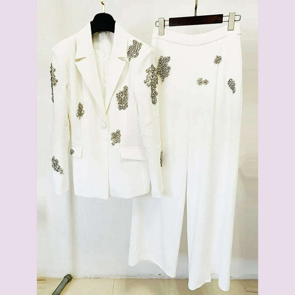 DEAT Elegant 2 Pcs Set Notched Diamond Embroidered Flares Blazer Straight Pant Women's Office Lady Suit 2024 Autumn New 35Z826 - KIMLUD