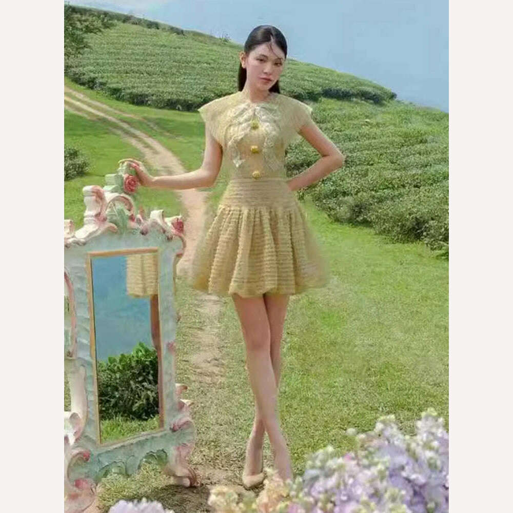 KIMLUD, DEAT Elegant Dress Bowknot Lace Doll Collar Buttons Lace Short Women's Evening Party Dresses 2024 Summer New Fashion 35Z315, KIMLUD Womens Clothes