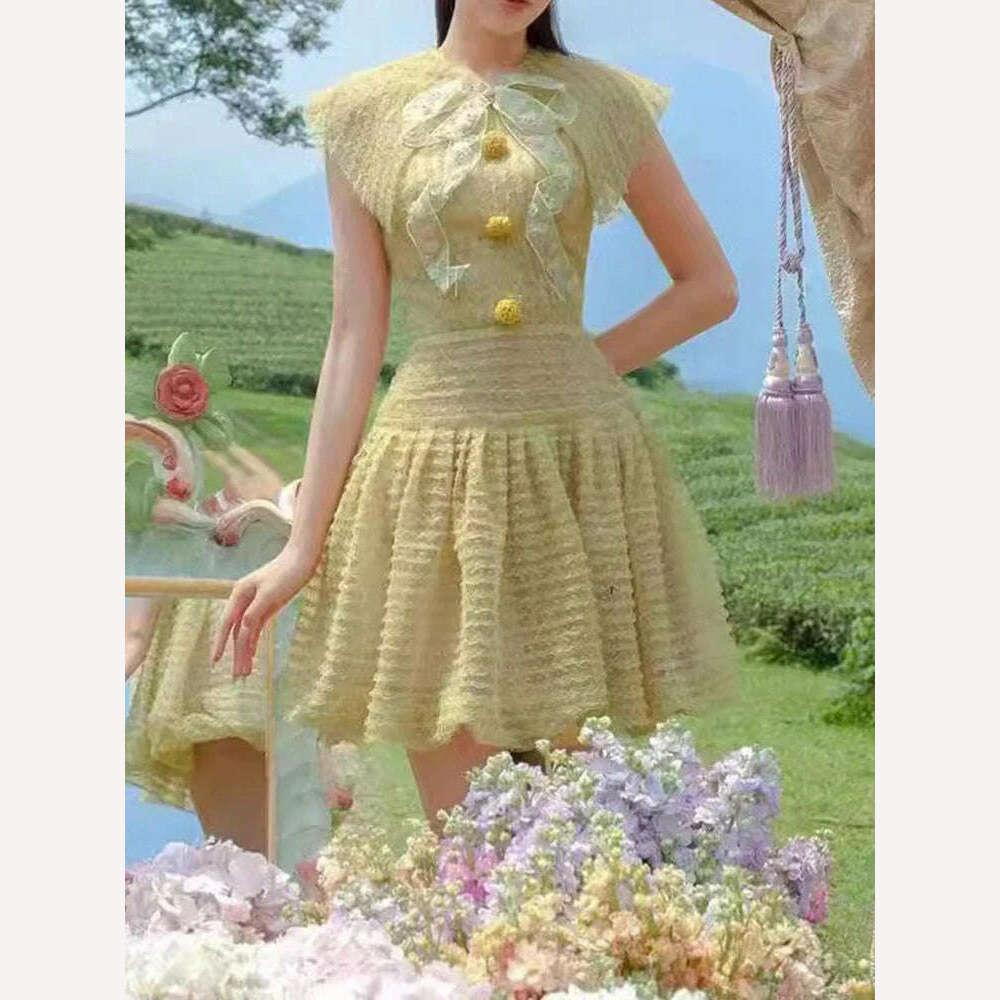 KIMLUD, DEAT Elegant Dress Bowknot Lace Doll Collar Buttons Lace Short Women's Evening Party Dresses 2024 Summer New Fashion 35Z315, KIMLUD Womens Clothes