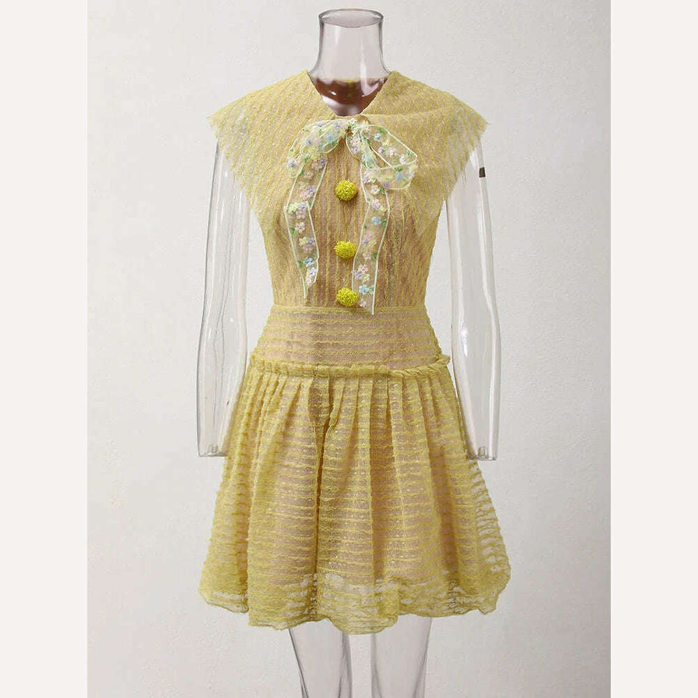 KIMLUD, DEAT Elegant Dress Bowknot Lace Doll Collar Buttons Lace Short Women's Evening Party Dresses 2024 Summer New Fashion 35Z315, KIMLUD Womens Clothes