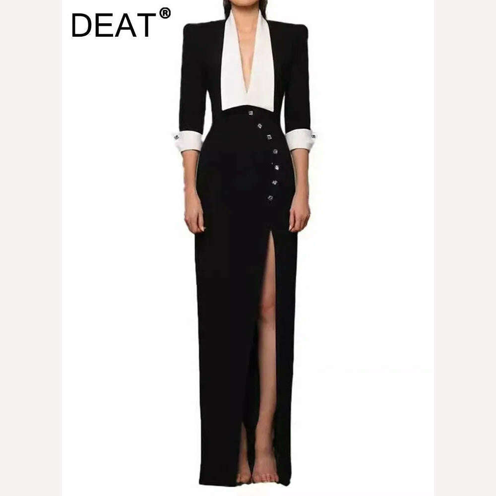KIMLUD, DEAT Elegant Dress Contrast Color V Neck Slim High Split Diamond Ankle Length Women's Evening Dresses 2024 Spring New 13DB5105, KIMLUD Womens Clothes