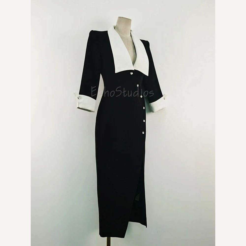 KIMLUD, DEAT Elegant Dress Contrast Color V Neck Slim High Split Diamond Ankle Length Women's Evening Dresses 2024 Spring New 13DB5105, Black / L, KIMLUD APPAREL - Womens Clothes