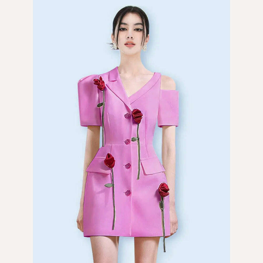 KIMLUD, DEAT Elegant Dress Flowers Notched Short Sleeve Single Breasted Irregular Women's Office Lady Dresses 2024 Summer New 15KB2933, Purple / S, KIMLUD APPAREL - Womens Clothes