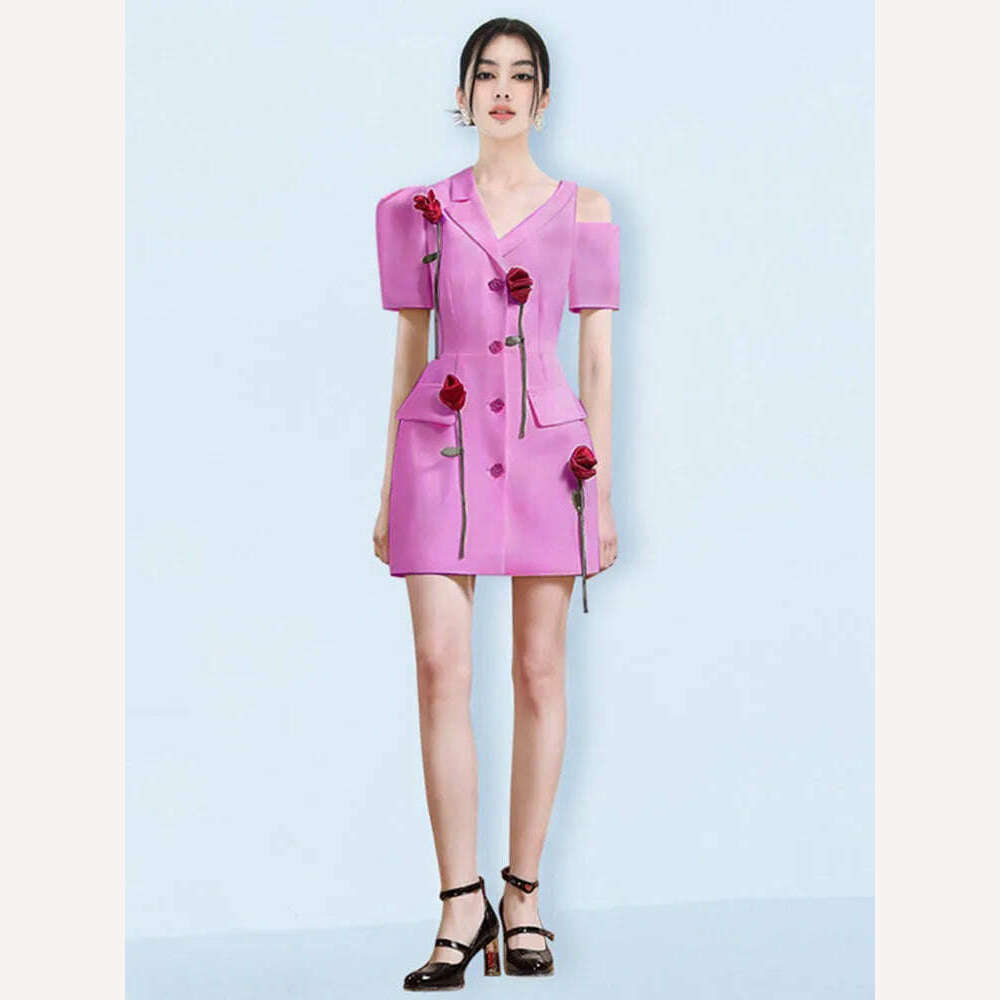 KIMLUD, DEAT Elegant Dress Flowers Notched Short Sleeve Single Breasted Irregular Women's Office Lady Dresses 2024 Summer New 15KB2933, KIMLUD Womens Clothes