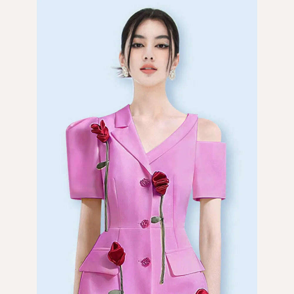 KIMLUD, DEAT Elegant Dress Flowers Notched Short Sleeve Single Breasted Irregular Women's Office Lady Dresses 2024 Summer New 15KB2933, KIMLUD Womens Clothes