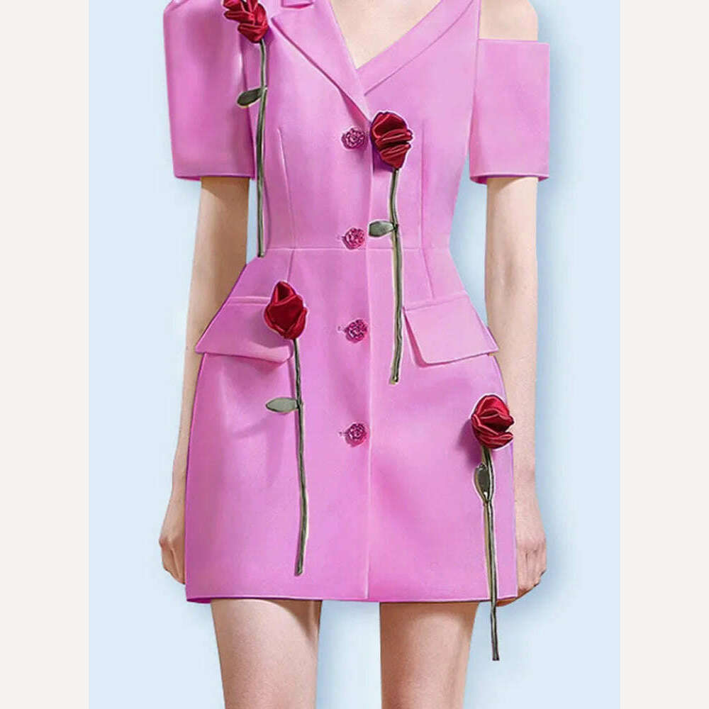 KIMLUD, DEAT Elegant Dress Flowers Notched Short Sleeve Single Breasted Irregular Women's Office Lady Dresses 2024 Summer New 15KB2933, KIMLUD Womens Clothes