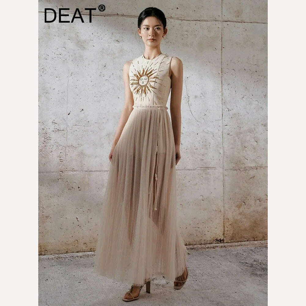 KIMLUD, DEAT Elegant Dress Gauze Embroidery O-Neck Slim Lace Up Waist Patchwork Slit Women's Holiday Dresses 2024 Summer New 13DB2220, KIMLUD Womens Clothes