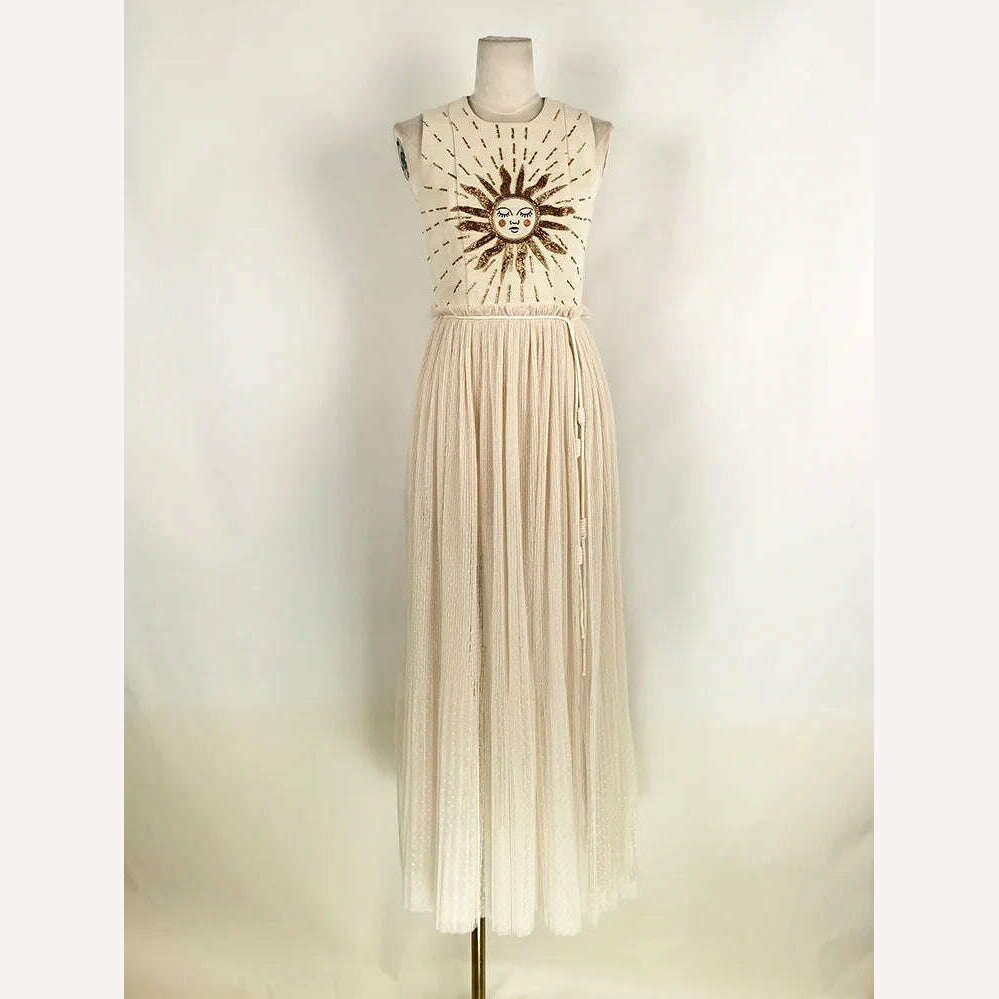 KIMLUD, DEAT Elegant Dress Gauze Embroidery O-Neck Slim Lace Up Waist Patchwork Slit Women's Holiday Dresses 2024 Summer New 13DB2220, apricot / XL, KIMLUD APPAREL - Womens Clothes