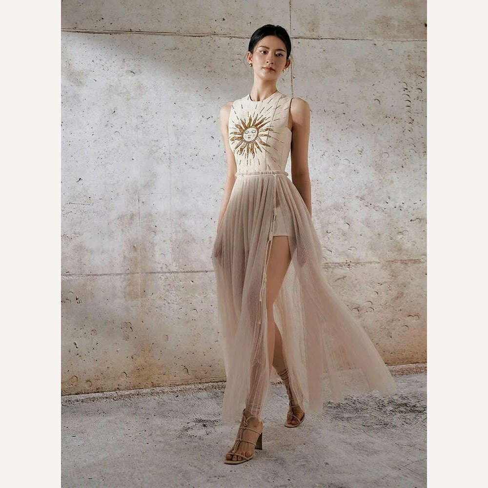 KIMLUD, DEAT Elegant Dress Gauze Embroidery O-Neck Slim Lace Up Waist Patchwork Slit Women's Holiday Dresses 2024 Summer New 13DB2220, KIMLUD Womens Clothes