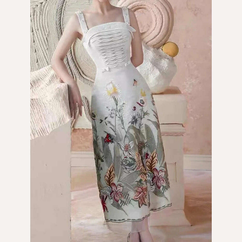 KIMLUD, DEAT Elegant Dress Mesh Embroidery Three-dimensional Sleeveless Pleated Mid-calf Women's Party Dresses 2024 Spring New 13DB1864, print / S, KIMLUD APPAREL - Womens Clothes