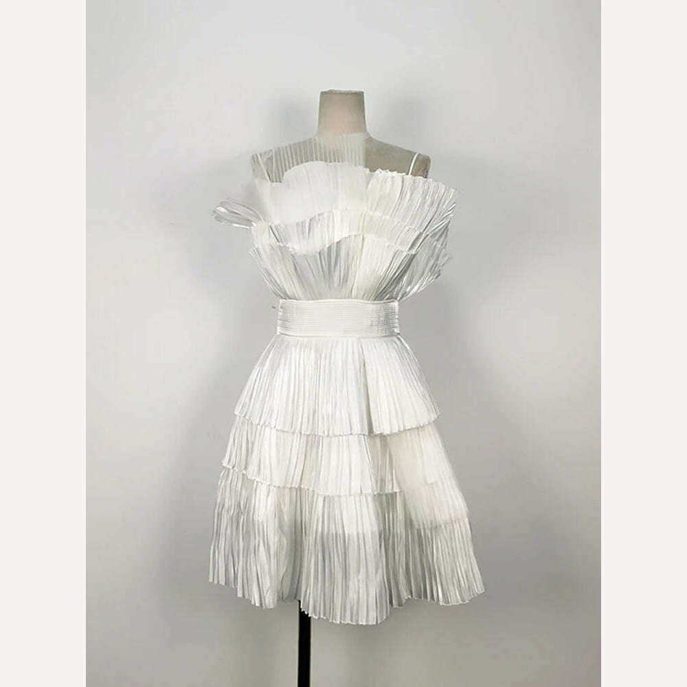 KIMLUD, DEAT Elegant Dress Multi-layer Gauze High Waist 3D Pleated Backless White Women's Evening Dresses 2024 Summer New Tide 13DB3444, White / L, KIMLUD APPAREL - Womens Clothes