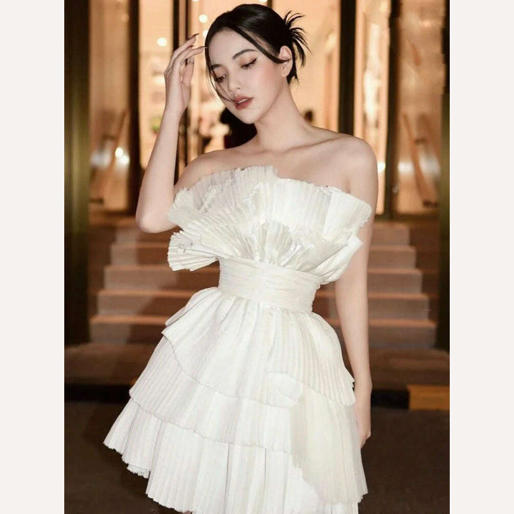 KIMLUD, DEAT Elegant Dress Multi-layer Gauze High Waist 3D Pleated Backless White Women's Evening Dresses 2024 Summer New Tide 13DB3444, KIMLUD Womens Clothes