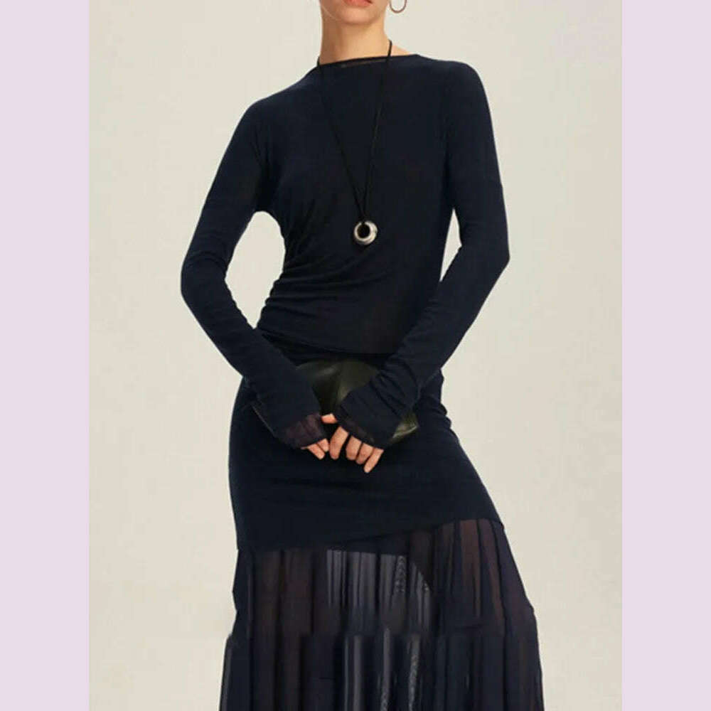 KIMLUD, DEAT Elegant Dress O-neck Long Sleeve Elastic Gauze Patchwork Pleated Women's Evening Party Dresses 2024 Autumn New Tide 35Z1131, KIMLUD Womens Clothes