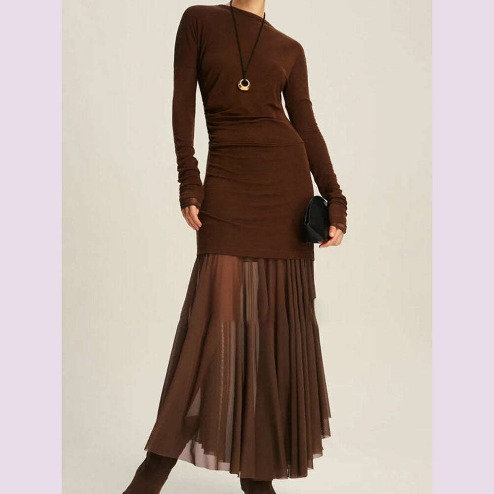 KIMLUD, DEAT Elegant Dress O-neck Long Sleeve Elastic Gauze Patchwork Pleated Women's Evening Party Dresses 2024 Autumn New Tide 35Z1131, Maple Brown / M, KIMLUD APPAREL - Womens Clothes