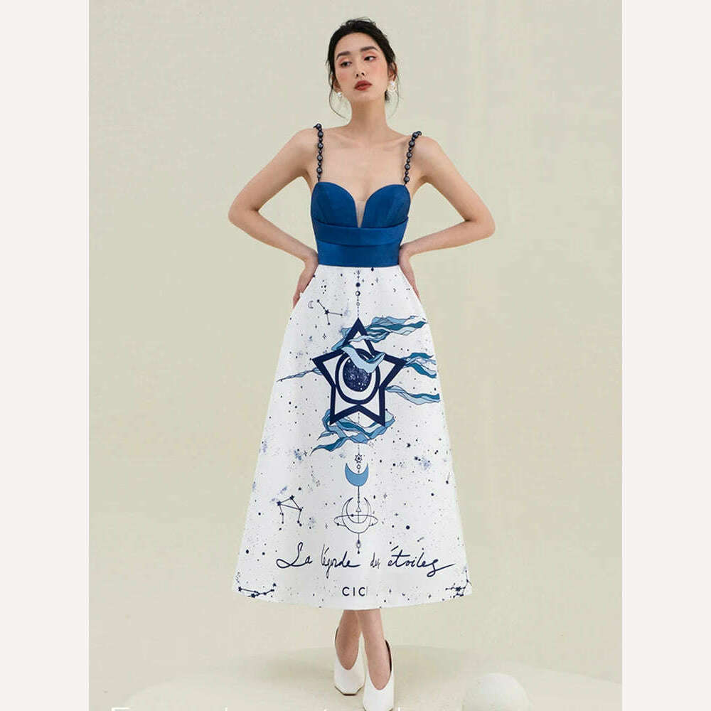 KIMLUD, DEAT Elegant Dress Printing Contrast Color High Waist Slip Backless Women's Evening Party Dresses 2024 Summer New Fashion 35Z342, KIMLUD Womens Clothes
