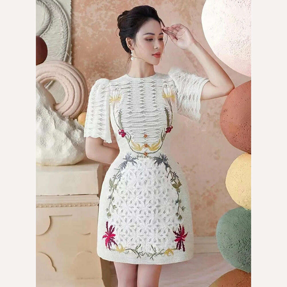 KIMLUD, DEAT Elegant Dress Puff Sleeve Patchwork High Waist Embroidery Flowers A-line Women's Dresses 2024 Spring New Fashion 13DB3768, beige / S, KIMLUD Womens Clothes
