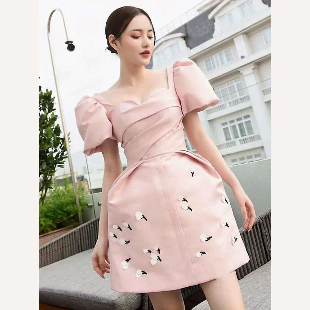 KIMLUD, DEAT Elegant Dress Puff Sleeve Square Collar Pink Embroidered Flowers Mini Women's Party Dress 2024 Spring New Fashion 13DB4005, KIMLUD Womens Clothes