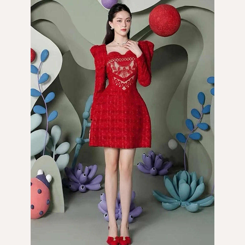 KIMLUD, DEAT Elegant Dress Puff Sleeves Square Collar Zipper Slim Short Hollow Out Women's Dresses Spring 2024 New Fashion 13DB3394, Big Red / S, KIMLUD APPAREL - Womens Clothes