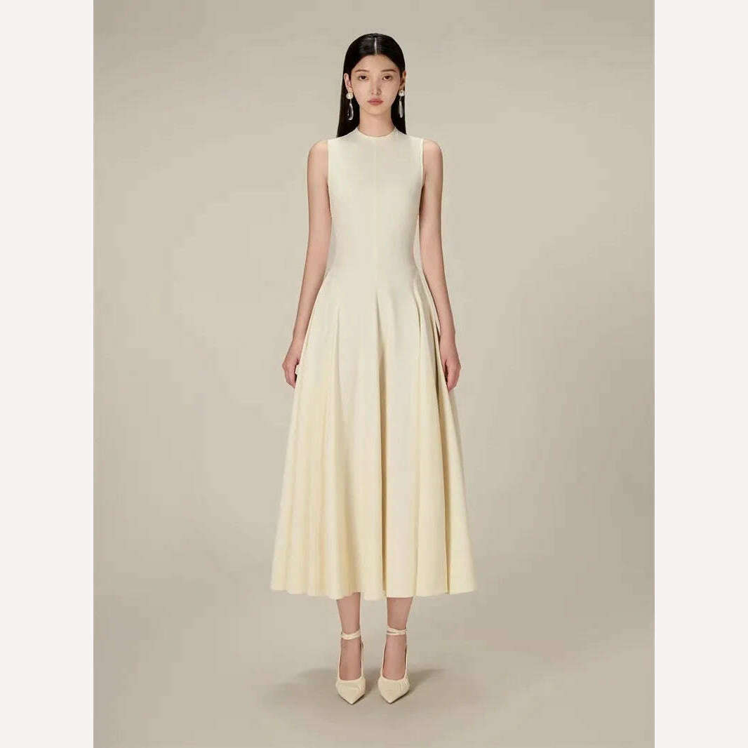 KIMLUD, DEAT Elegant Dress Round Neck Patchwork Slim Waist Sleeveless Big Swing Mid-calf Women's Party Dresses 2024 Summer New 13DB2557, S / Milky White, KIMLUD APPAREL - Womens Clothes
