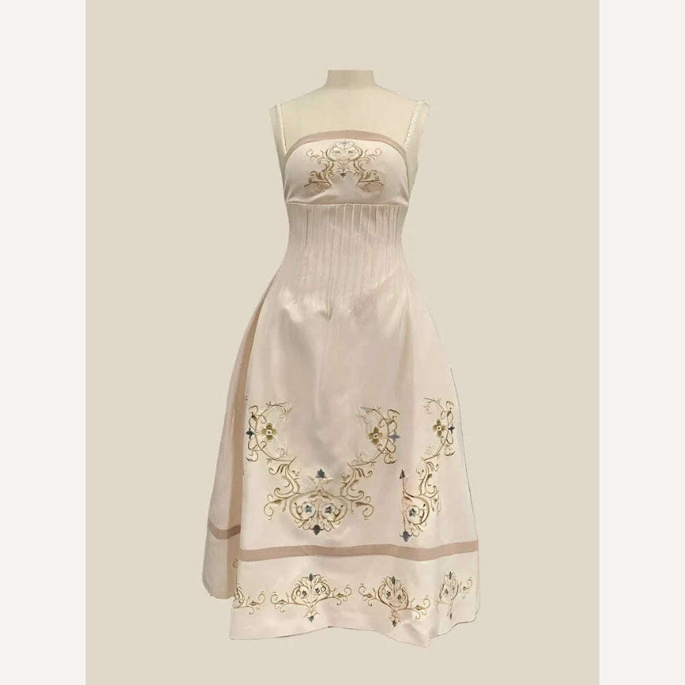 KIMLUD, DEAT Elegant Dress Slip Embroidery Flowers Luxury Backless A-line Women's Evening Party Dresses 2024 Summer New Fashion 13DB1359, KIMLUD Womens Clothes