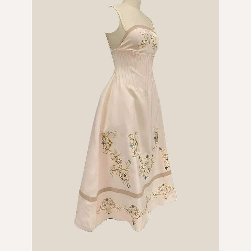 KIMLUD, DEAT Elegant Dress Slip Embroidery Flowers Luxury Backless A-line Women's Evening Party Dresses 2024 Summer New Fashion 13DB1359, KIMLUD Womens Clothes