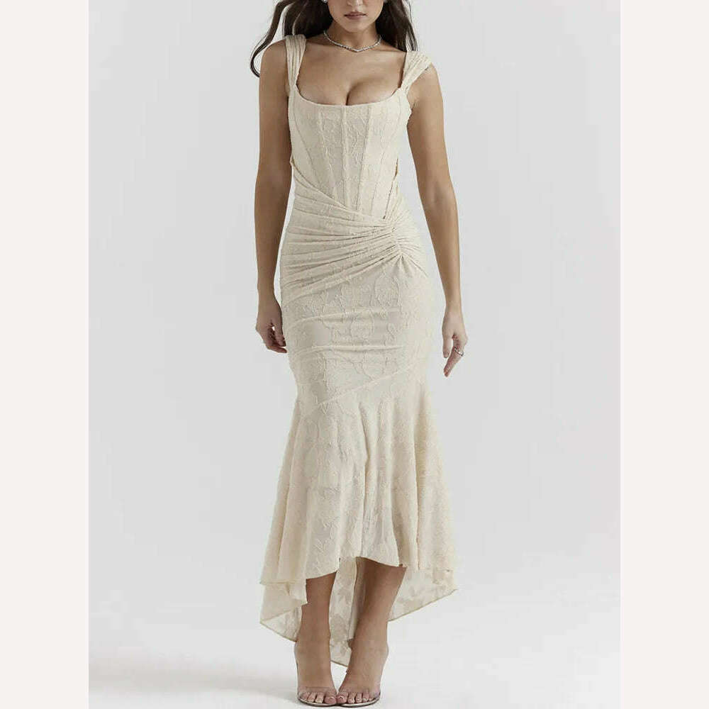 KIMLUD, DEAT Elegant Dress Slip Fishbone Girdling Pleated Mermaid Solid Women's Evening Party Dresses 2024 Summer New Fashion 35Z518, Creamy-white / S, KIMLUD APPAREL - Womens Clothes