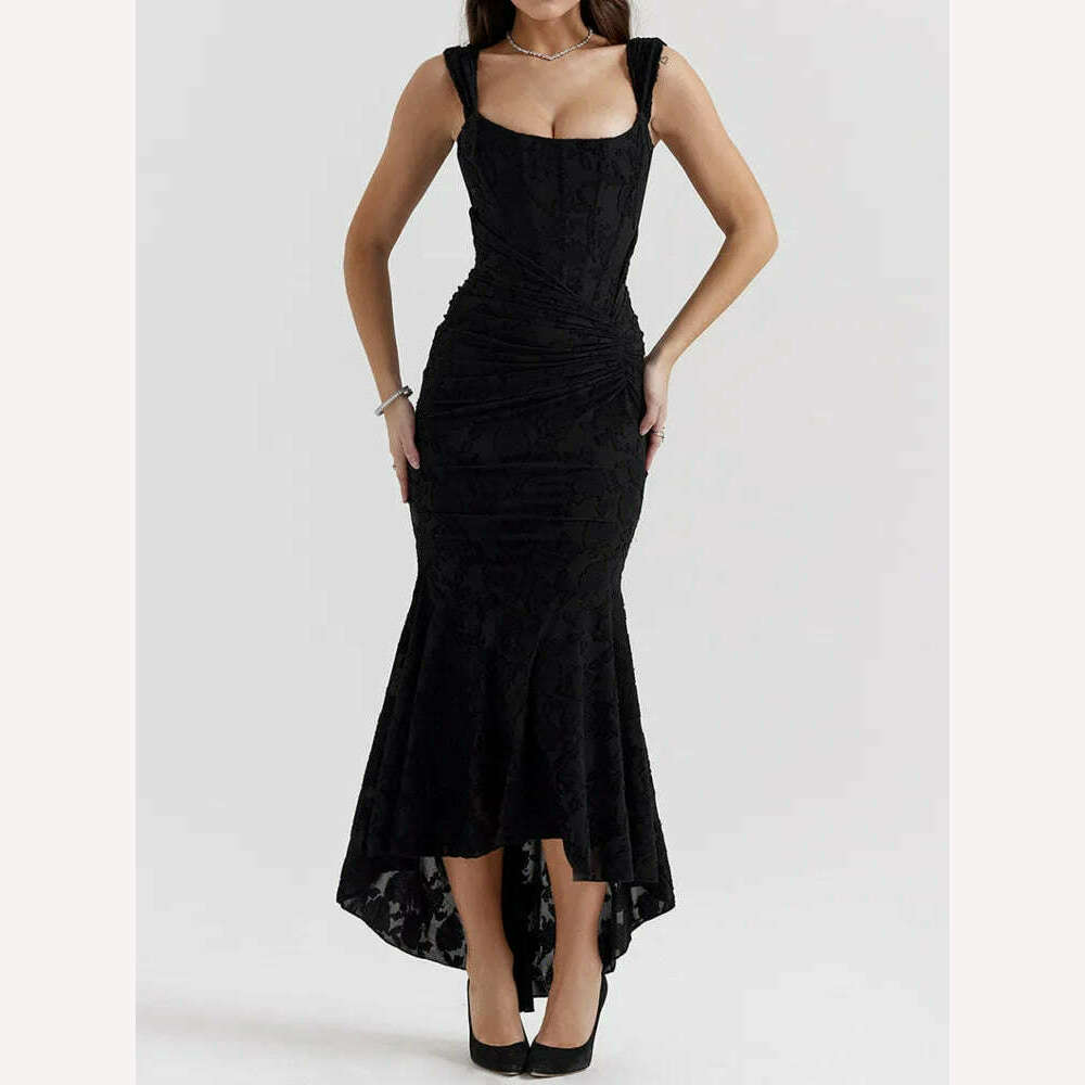 KIMLUD, DEAT Elegant Dress Slip Fishbone Girdling Pleated Mermaid Solid Women's Evening Party Dresses 2024 Summer New Fashion 35Z518, Black / S, KIMLUD APPAREL - Womens Clothes