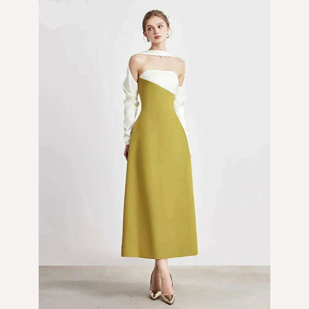 DEAT Elegant Dress Strapless Off Shoulder Contrast Color Asymmetric Women's Party Halter Dress 2024 Summer New Fashion 13DB4516 - KIMLUD