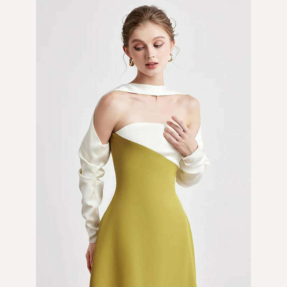 DEAT Elegant Dress Strapless Off Shoulder Contrast Color Asymmetric Women's Party Halter Dress 2024 Summer New Fashion 13DB4516 - KIMLUD