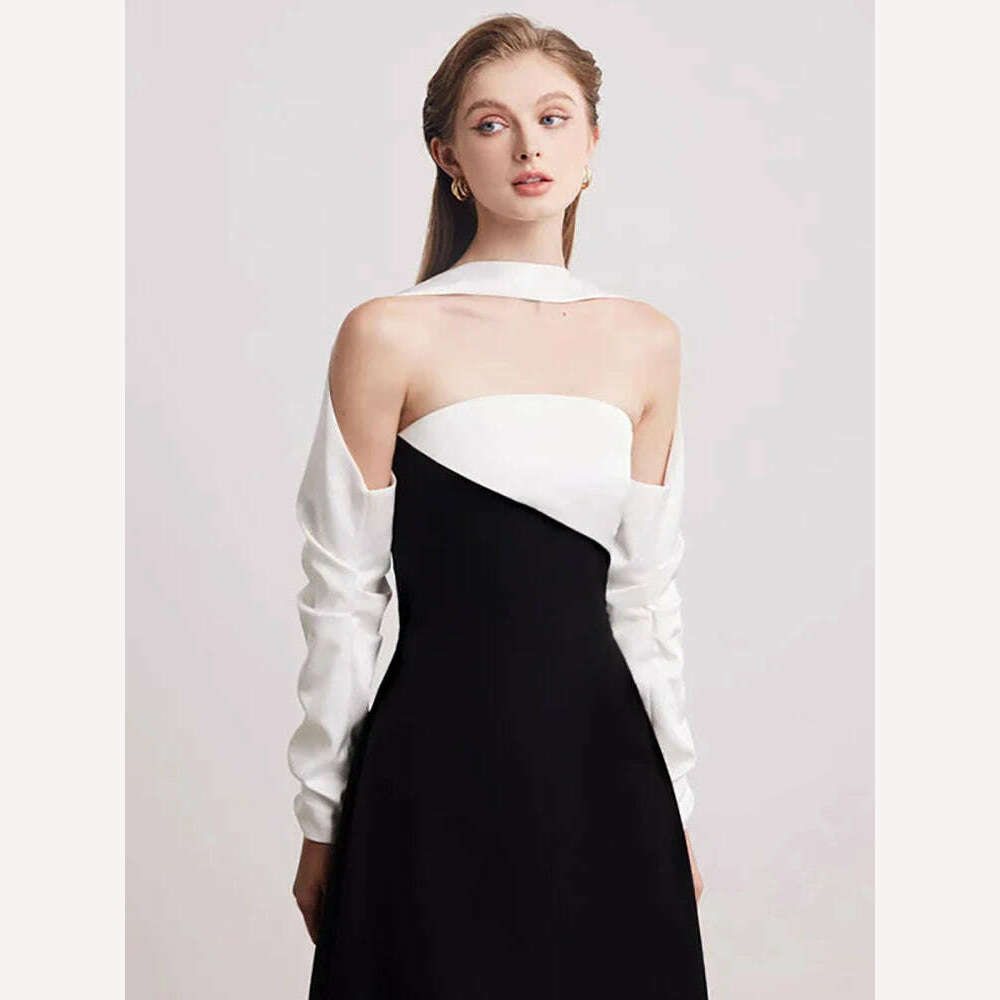 DEAT Elegant Dress Strapless Off Shoulder Contrast Color Asymmetric Women's Party Halter Dress 2024 Summer New Fashion 13DB4516 - KIMLUD