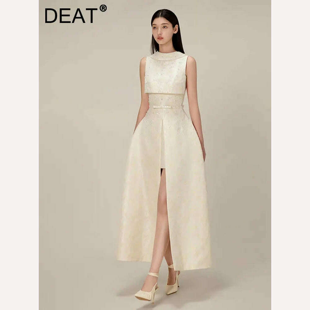 DEAT Elegant Dress Studded Beads Jacquard Sleeveless Backless Slit Ankle-length Women's Dresses 2024 Summer New Fashion 13DB4582 - KIMLUD