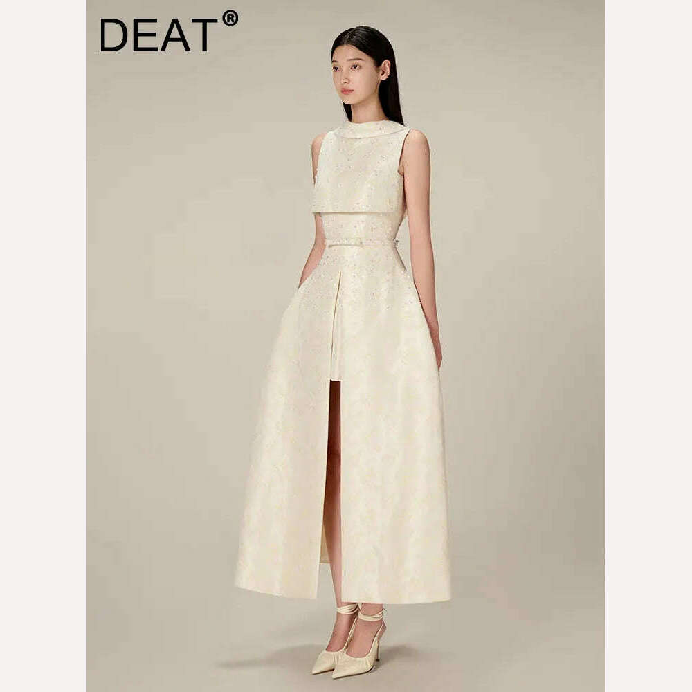 DEAT Elegant Dress Studded Beads Jacquard Sleeveless Backless Slit Ankle-length Women's Dresses 2024 Summer New Fashion 13DB4582 - KIMLUD