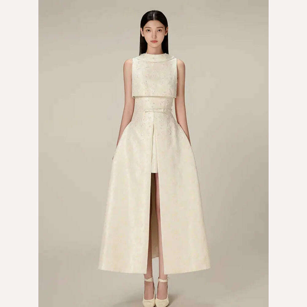 DEAT Elegant Dress Studded Beads Jacquard Sleeveless Backless Slit Ankle-length Women's Dresses 2024 Summer New Fashion 13DB4582 - KIMLUD