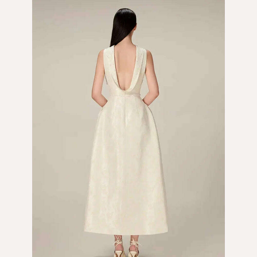 DEAT Elegant Dress Studded Beads Jacquard Sleeveless Backless Slit Ankle-length Women's Dresses 2024 Summer New Fashion 13DB4582 - KIMLUD