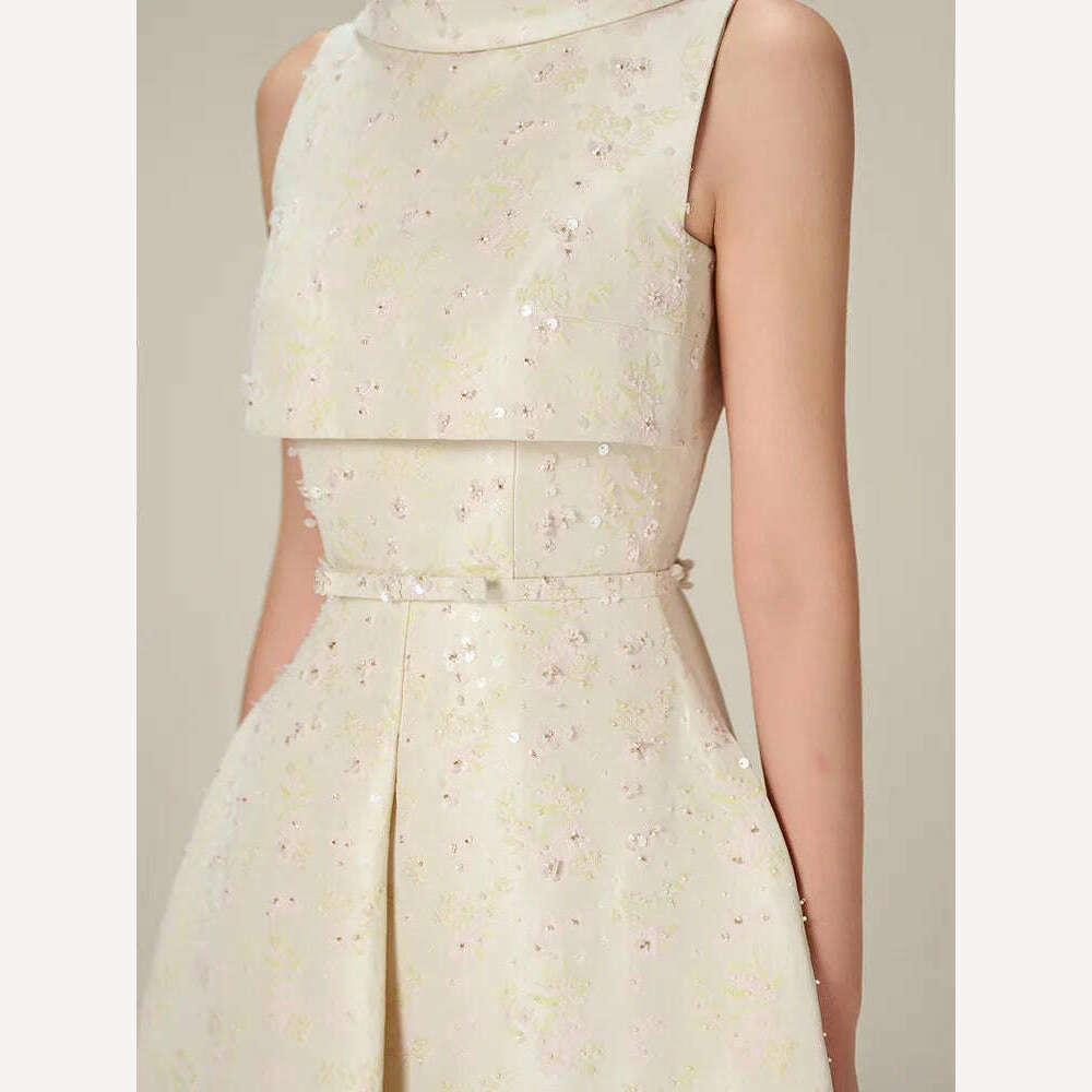 DEAT Elegant Dress Studded Beads Jacquard Sleeveless Backless Slit Ankle-length Women's Dresses 2024 Summer New Fashion 13DB4582 - KIMLUD