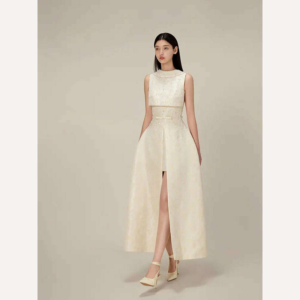 DEAT Elegant Dress Studded Beads Jacquard Sleeveless Backless Slit Ankle-length Women's Dresses 2024 Summer New Fashion 13DB4582 - KIMLUD