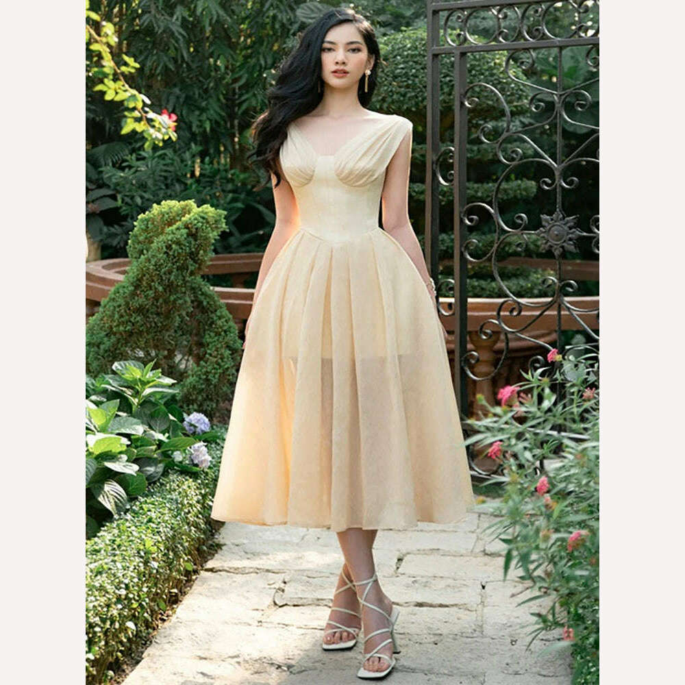 KIMLUD, DEAT Elegant Dress V-neck Sleeveless Pleated High Waist Gauze Zipper Design Women's Party Dress 2024 Summer New Fashion 13DB2940, White / M, KIMLUD APPAREL - Womens Clothes