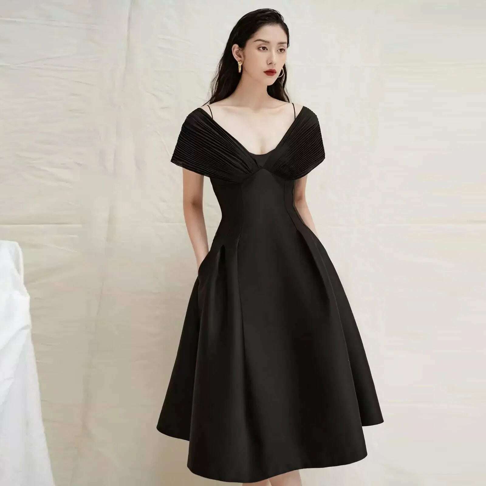 KIMLUD, DEAT Evening Dress V-neck Backless Pleated High Waist Solid Color Elegant Women's Party Dress 2024 Spring New Fashion 13DB2496, KIMLUD Womens Clothes