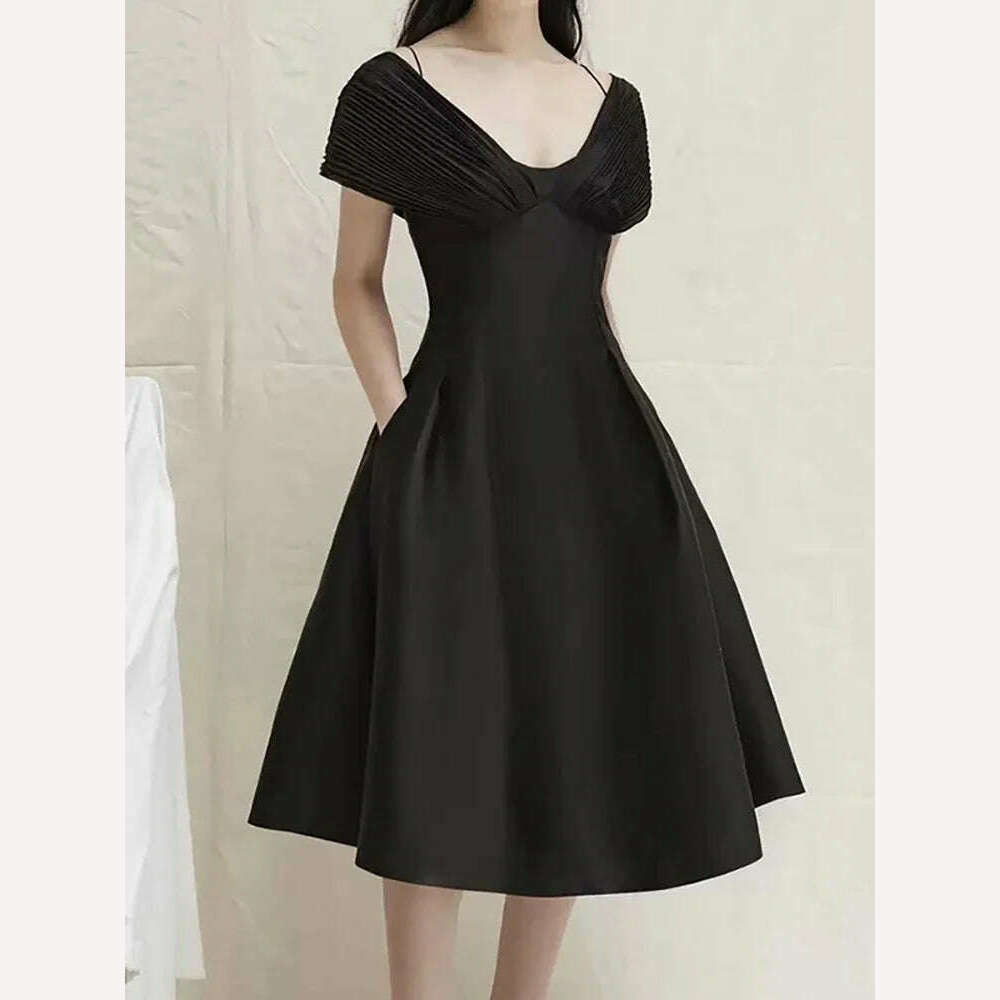KIMLUD, DEAT Evening Dress V-neck Backless Pleated High Waist Solid Color Elegant Women's Party Dress 2024 Spring New Fashion 13DB2496, KIMLUD Womens Clothes