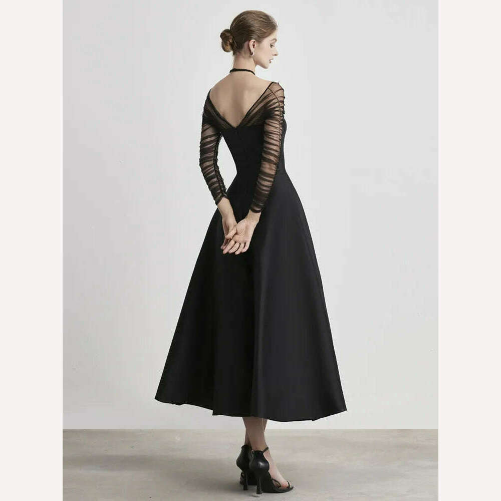 DEAT Evening Halter Dress Mesh Long Sleeves Backless Waist Retraction  Zipper Slim Women Dresses 2024 Summer New Fashion 13DB3948